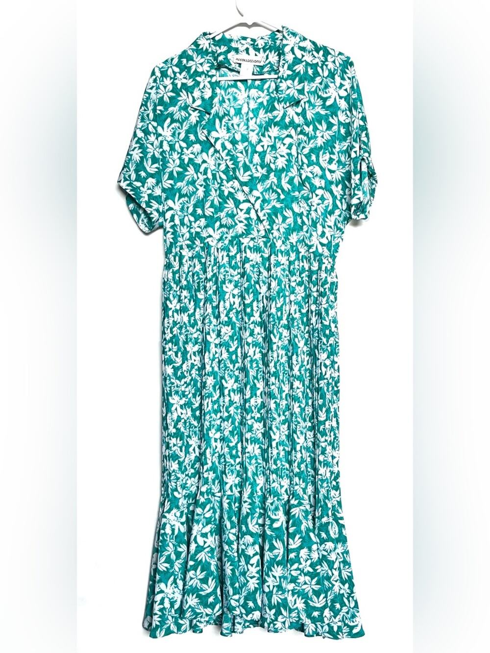 Vintage 90s Teal Floral Print Dress Pleated Long Flowy Ruffle Skirt Size Large